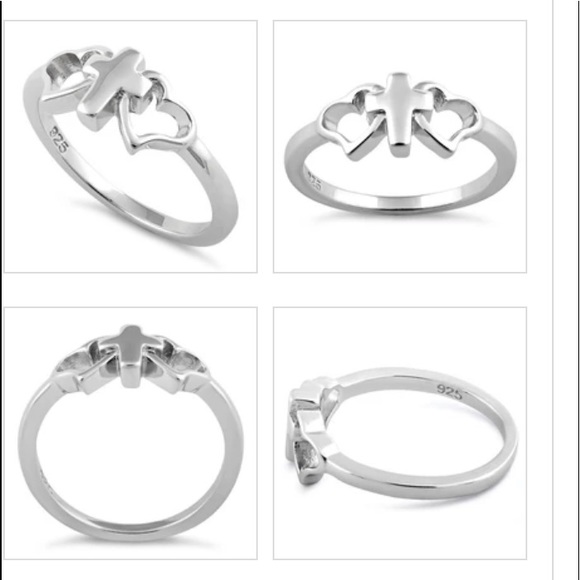 925 stamped 2 hearts and a cross ring - Picture 2 of 2